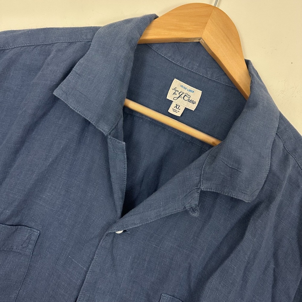 J.Crew Irish Linen Shirt Blue Short Sleeve Camp Loop Button Up Casual Mens XL